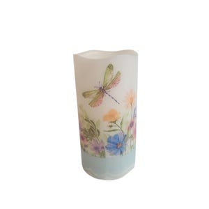 Dragonfly and Flowers LED Flameless Wax Pillar Candle