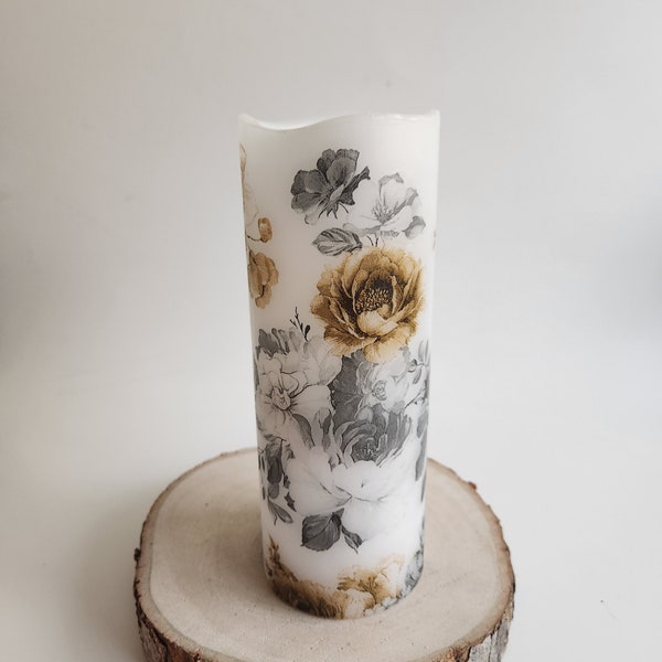 Romantic Black and Gold Floral LED Flameless Wax Pillar Candle