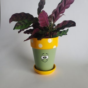 May include: A green ceramic planter with a yellow rim and white polka dots. The planter has a painted face with a smiling expression and large eyes. A houseplant with green and purple leaves is growing in the planter.
