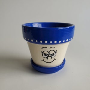Small Blue and Cream Happy Face Flower Pot Planter Hand Painted 2.75&quot;