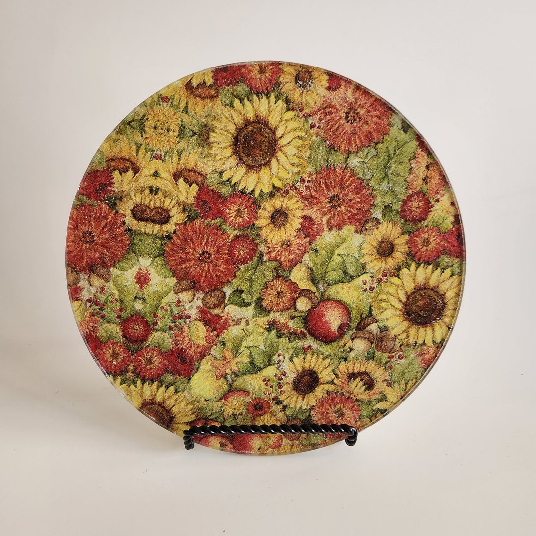 8 Inch Round Sunflower Fall Glass Cutting Board Etsy