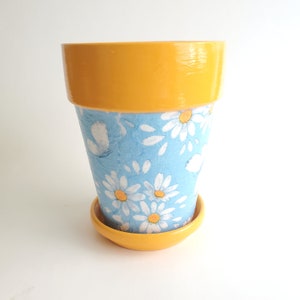 Blue and Yellow Floral Decoupage Flower Pot Planter 4.5&quot;