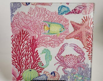 Square Glass Ocean Life Cutting Board Vanity Tray Coastal Decor