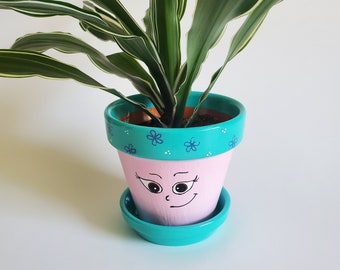Small Pink and Turquoise Happy Face Flower Pot Planter Hand Painted 3.75"
