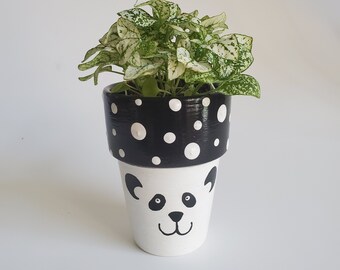 Hand Painted Panda Bear Face Flower Pot 3"