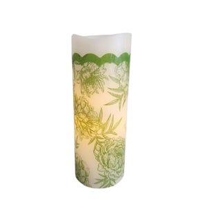 Green and White Floral LED Flameless Wax Pillar Candle