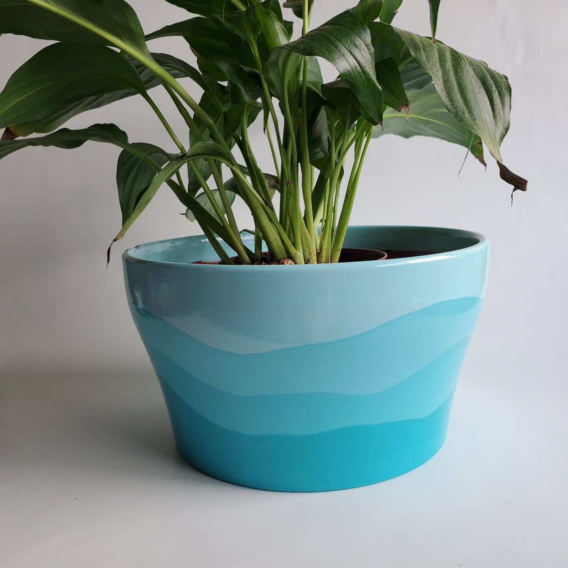 Large Teal Waves Flower Planter Flower Pot 8.5 Hand Etsy