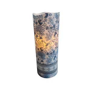Romantic Floral LED Flameless Wax Pillar Candle Blue and White Flowers
