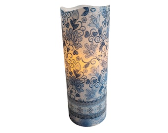 Romantic Floral LED Flameless Wax Pillar Candle Blue and White Flowers