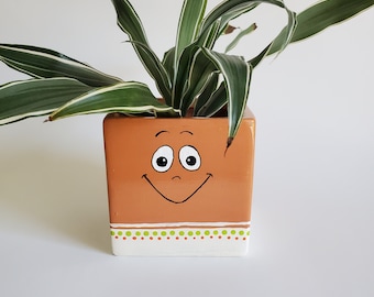 Square Happy Face Planter Cream Orange and Green Pot 4"