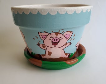Happy Little Piggies Leuke Bloem Pot 7 "Hand geschilderd