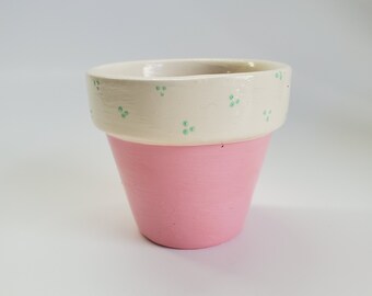 Pequeño rosa y crema Polka Dot flor maceta plantado a mano pintado a mano 2.75"