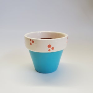 Tiny Teal and Cream Polka Dot Flower Pot Planter Hand Painted 2.75&quot;