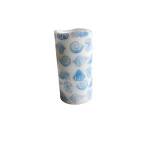 Ocean Beach Seashell Blue and White LED Flameless Wax Pillar Candle