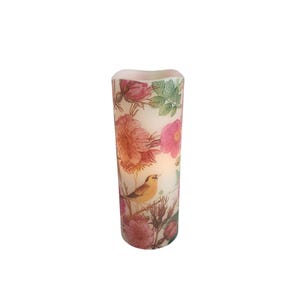 Yellow Bird with Pink Roses Floral LED Flameless Wax Pillar Candle