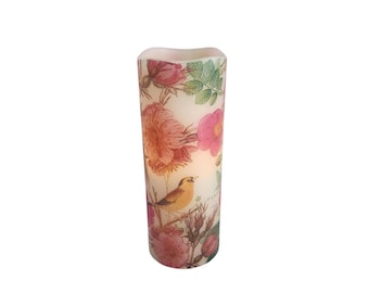 Yellow Bird with Pink Roses Floral LED Flameless Wax Pillar Candle