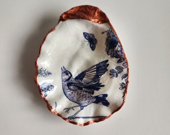 Oyster Shell Trinket Dish Ring Dish Blue Bird Butterfly and Flowers on White