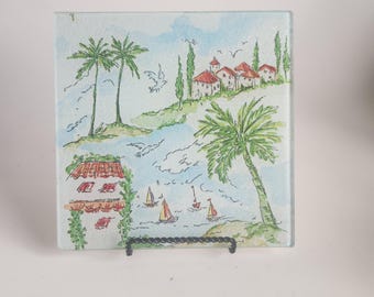 Square Glass Island Paradise Cutting Board Vanity Tray Coastal Decor