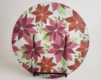 8 inch Round Christmas Poinsettia Glass Vanity Tray