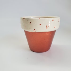 Puede incluir: Una maceta pequeña de terracota con un borde blanco y puntos de color cobre. La mitad inferior de la maceta está pintada de color cobre.