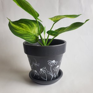 May include: A black planter pot with white painted flowers and a dragonfly design. The pot is filled with a green leafy plant.