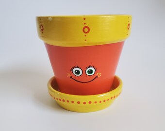 Small Orange and Yellow Happy Face Flower Pot Planter Hand Painted 3.75"