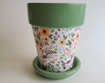 Green and Floral Decoupage Flower Pot Planter 4.5"