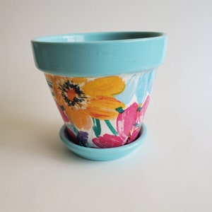 Blue Floral Decoupage Flower Pot 4.5&quot;