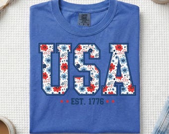 Floral USA T Shirt | Graphic Tee | Patriotic Tee | 4th of July | Comfort Colors | Comfort Color 4th of July Shirt | July 4th Shirt