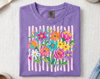 Floral and Stripes T Shirt | Graphic Tee | Stripes and Flowers | Everyday Wear | Comfort Colors | Comfort Color Shirts