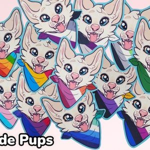 May include: A set of ten white cartoon dog stickers with different pride flag bandanas. The text "Pride Pups" is at the bottom of the image.