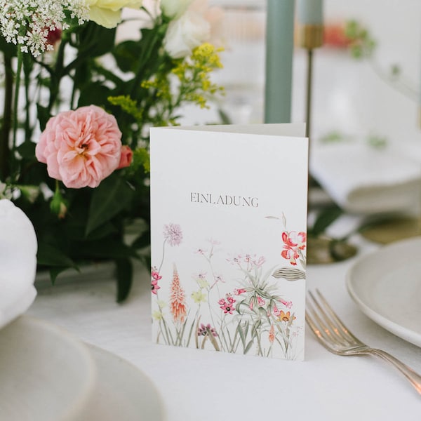 5 Einladungskarten 'Elegant Flowers' | Klappkarte | mit Kuvert | Hochzeitseinladung | Geburtstag  | Blumenwiese  |  Sommer  | Garten