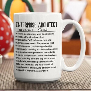 May include: A white ceramic mug featuring black printed text that defines the term Enterprise Architect. The text includes the name Sarah and a detailed description of the role, focusing on IT infrastructure, business processes, and strategic vision.