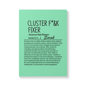 May include: A green printable card with the text "CLUSTER F*&K FIXER" and a definition of the term. The definition includes the name "Sarah" and describes someone who is skilled at resolving complex problems.