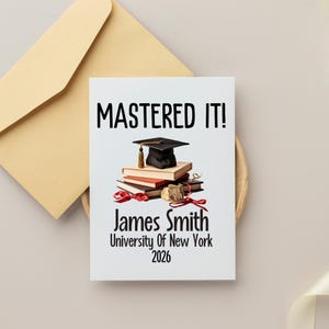 May include: A white graduation card featuring the text MASTERED IT! above a stack of books topped with a black mortarboard cap. Below the books, the card displays the name James Smith, University Of New York, and the year 2026 in black text.