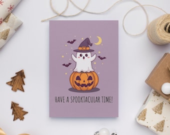 Tarjeta De Halloween Con Fantasma Y Calabaza - 150x150 Mm, Papel Reciclado | Incluye Sobre Morado