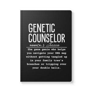 May include: Black and white graphic design with the text "GENETIC COUNSELOR" and the definition "noun(n.) Jessica The gene genie who helps you navigate your DNA map without getting tangled up in your family tree's branches or tripping over your double helix."
