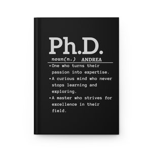 May include: Black and white graphic with the text "Ph.D." defined as "One who turns their passion into expertise. A curious mind who never stops learning and exploring. A master who strives for excellence in their field." The name "ANDREA" is included in the definition.