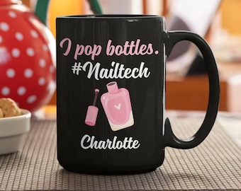 Personalized Nail Tech Mug, Black Glossy Coffee Cup