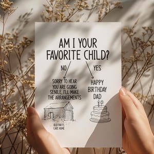 May include: A humorous card with a flow chart asking "Am I your favorite child?" with a happy birthday message on the yes side and a message about going to an old-age home on the no side.