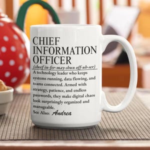 Op de afbeelding: Een witte keramische mok met zwarte bedrukte tekst die de term Chief Information Officer definieert. De tekst bevat een fonetische uitspraak, een beschrijvende alinea over technologisch leiderschap en de naam Andrea onder See Also.