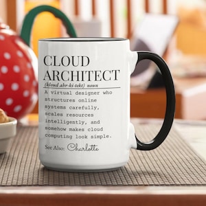 May include: White ceramic mug with a black handle and rim. The mug features the text "CLOUD ARCHITECT" with a definition, including "See Also: Charlotte."
