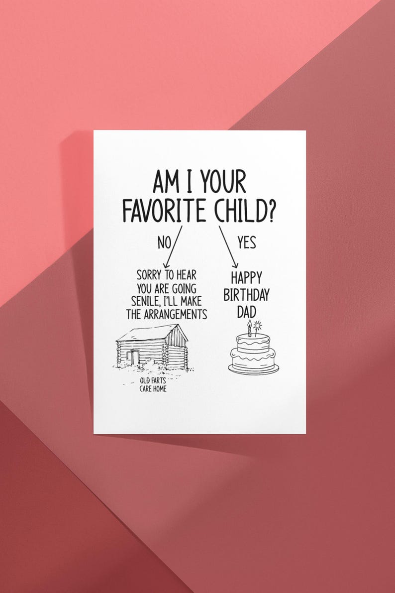 May include: A humorous card with a flowchart asking "Am I your favorite child?" with a yes or no answer. The "yes" answer leads to a birthday cake with the text "Happy Birthday Dad" and the "no" answer leads to a cabin with the text "Old Farts Care Home".