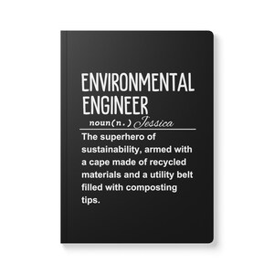 May include: Black and white text on a black background defines "Environmental Engineer" as "The superhero of sustainability, armed with a cape made of recycled materials and a utility belt filled with composting tips."