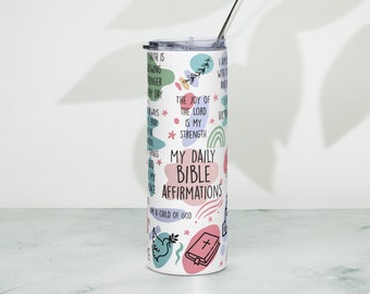 Bible Affirmations Tumbler | Christian Skinny Tumbler with Metal Straw | Mothers Day Gift | Christian Affirmations Glass Cup | Gift For Her