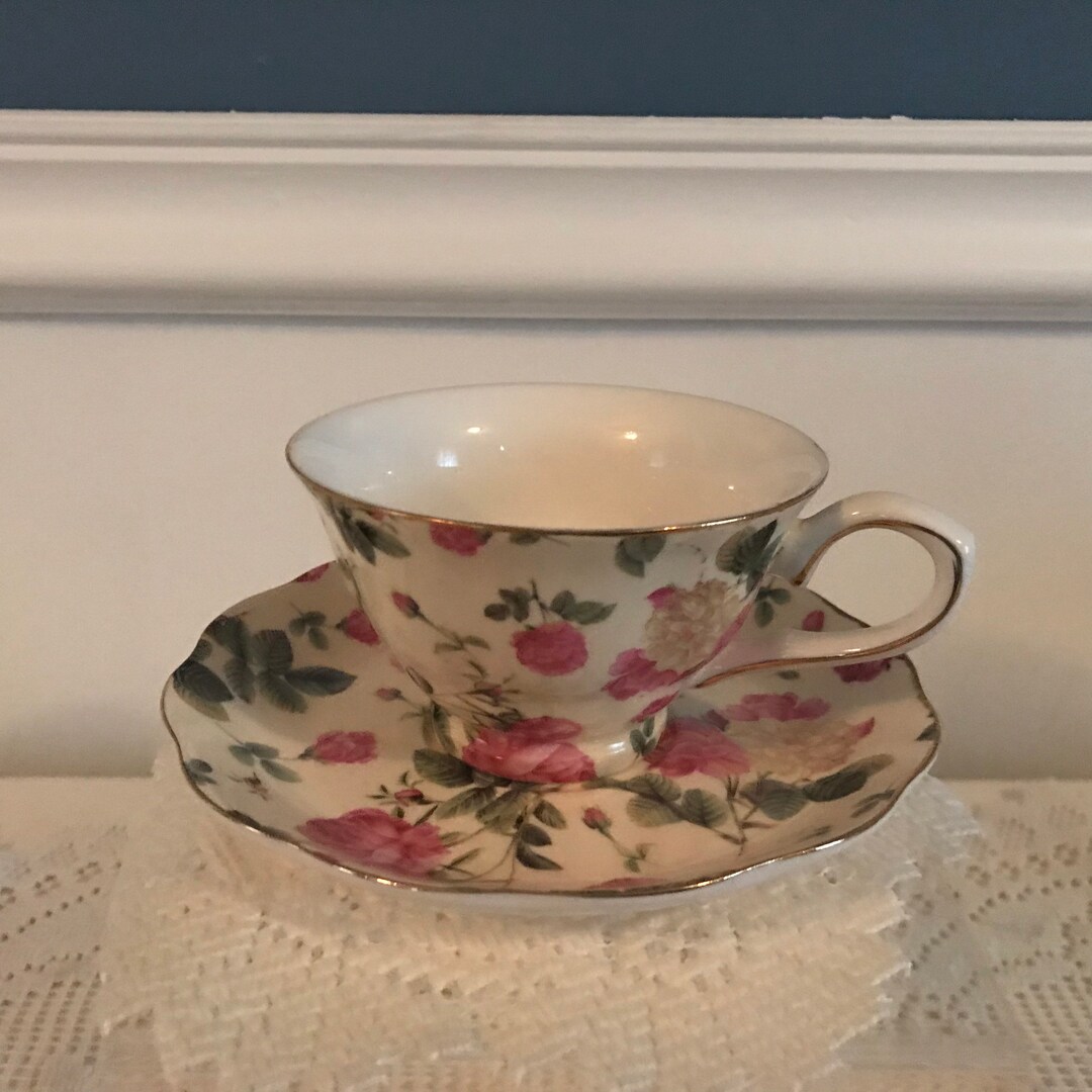 Gracie China Rose Chintz Tea Cup With Saucer With Gold Trim Etsy