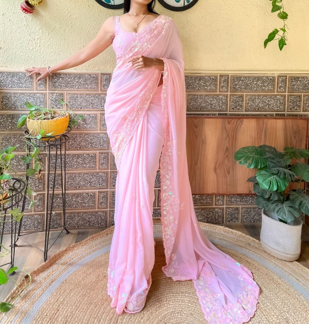 Designer Saree with Peark String on Pallu & Embroider Work by Shreekama