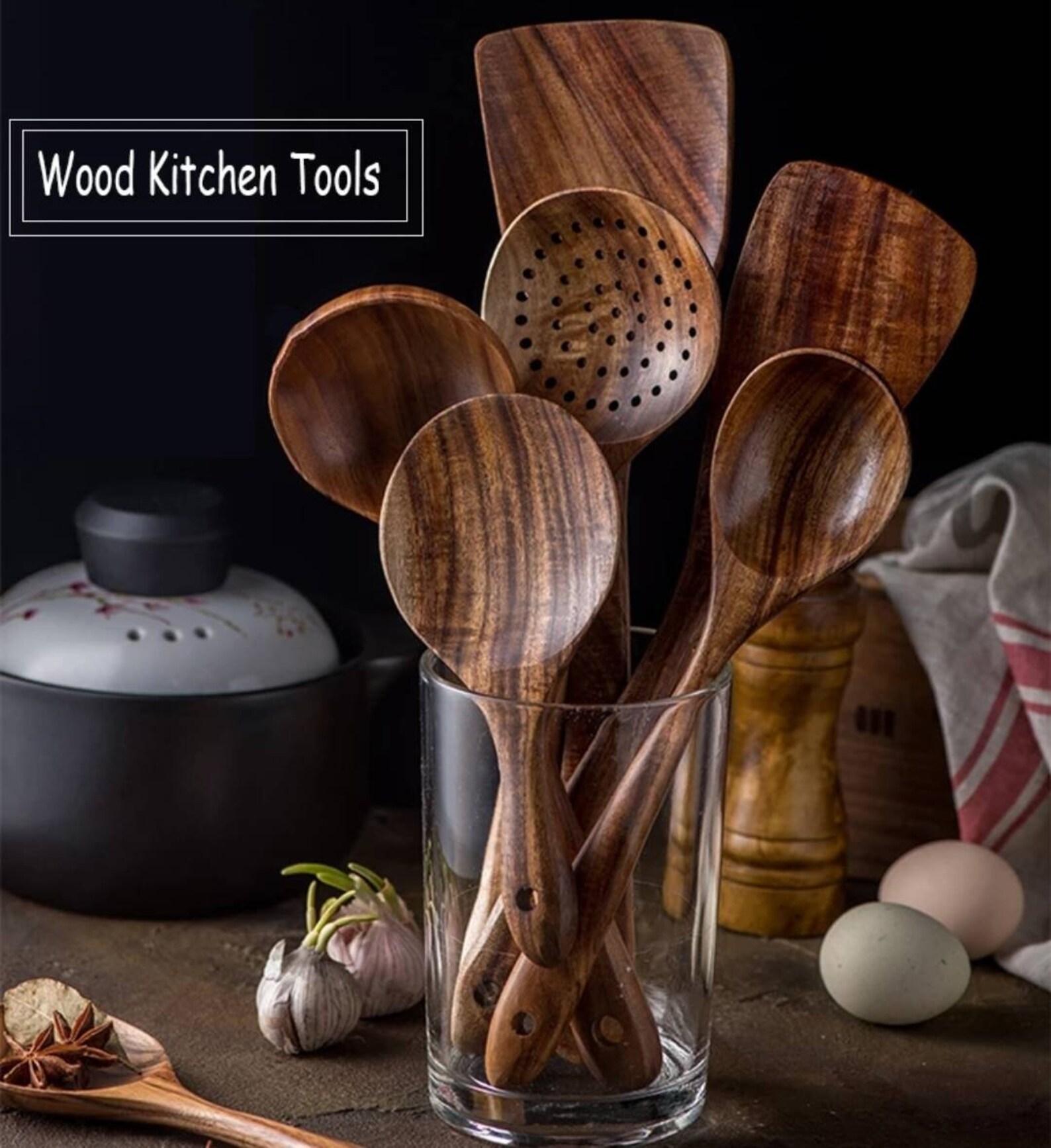 7 Piece Set Natural Teak Wood Cooking Utensils Etsy