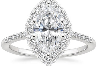1.50 CT Marquise Moissanite Engagement Ring Wedding Bridal Jewelry Solid Gold Silver Solitaire Halo Antique Vintage Anniversary Promise Gift
