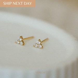 Tiny Cubic Zirconia Stud Earrings: Gold Plated Sterling Silver